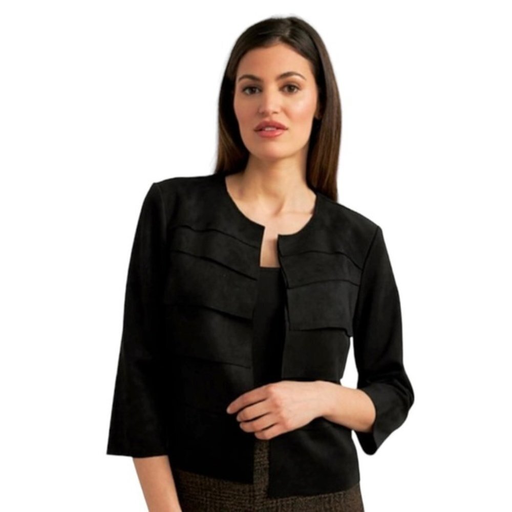 Joseph Ribkoff Cropped Jacket Women's Size 8 US Black Faux Suede Tiered‎ Open